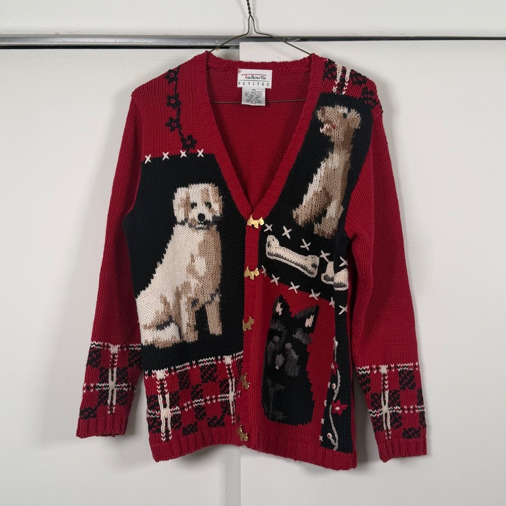 Talbots Petites Vintage Dog Intarsia Cardigan Sweater Red Plaid Gold Dog Buttons
